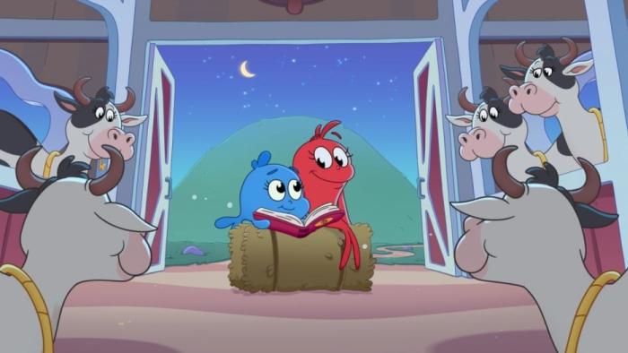 Dr. Seuss's Red Fish, Blue Fish TV: Blue Fish and Red Fish read a night-time story to farm animals inside a barn.