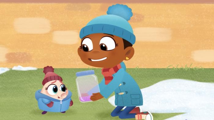 Esme & Roy: Holiday Spirit/Snow Worries: Esme offers Fig the calming glitter jar when she's upset about the snow melting.
