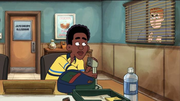 Chris holds onto a PA mic in the principal’s office. Behind the window blinds stands his bully making a fist into his palm.