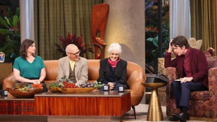 Everybody's Live with John Mulaney TV show screenshot 3: guests including Michael Keaton and Joan Baez take calls with Mulaney