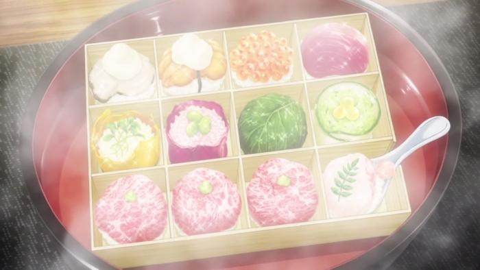 Food Wars: A bento box filled with a variety of different Japanese cuisine is seen being steamed inside of a red pot.