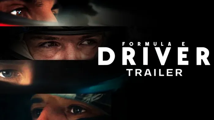 Four close-up images of the eyes of race-car drivers wearing their helmets. The background is mostly black so the eyes stand out.