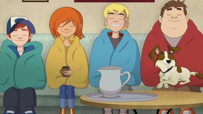 Four And A Half Friends TV Show: Getting warm and drinking hot chocolate. 