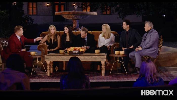 Friends: The Reunion: Host James Cordon asking the Friends questions in front of the Friends fountain