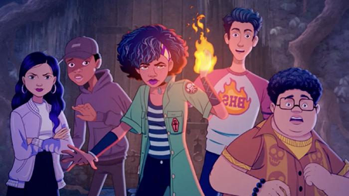 Fright Krewe TV show screenshot 1: A group of kids stand in front of a wooden door with varying facial expressions ranging from surprise to fear to determined. The girl in the center has an arm raised and fire coming out of her hand.
