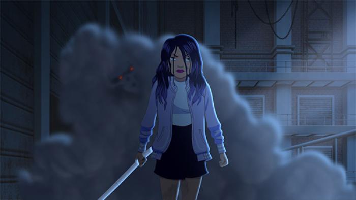 Fright Krewe TV show screenshot 3: A girl with long hair and a determined look on her face holds a weapon in one hand. An ominous grey mist with glowing red eyes floats directly behind her.