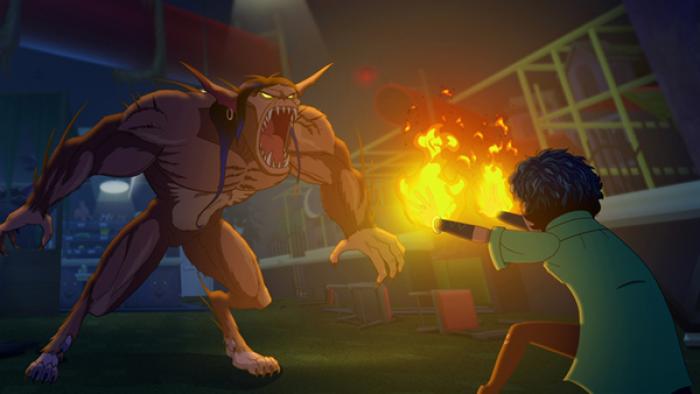Fright Krewe TV show screenshot 4: A werewolf-esque beast stands on its hind legs, roaring, as a girl in the foreground raises her hands to it. Her hands are emitting fire.
