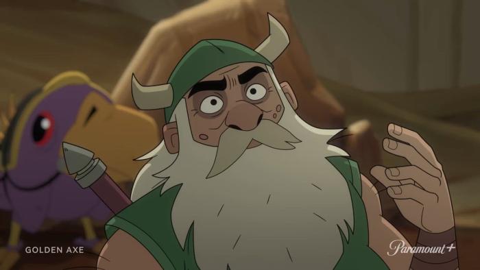 Golden Axe TV show screenshot 1: Close up of Gilius Thunderhead looking confused.