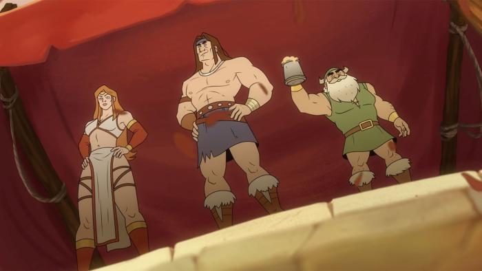 Golden Axe TV show screenshot 3: Main characters looking victorious, Gilius raises drink.