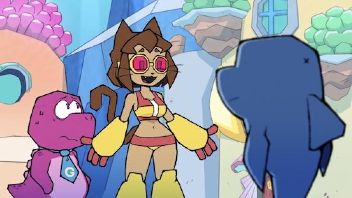 Gameoverse TV show screenshot: Gobbles and Kit stand talking with another character whose back is to the viewer.