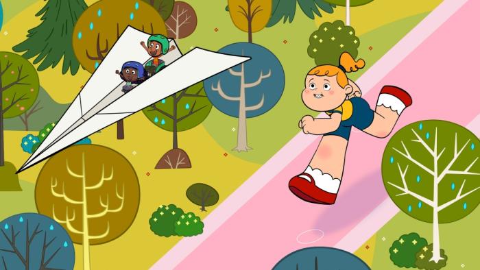 Goldie TV show screenshot 2: Goldie, a giant girl, chases her friends Teeny and Petey as they ride on a giant-sized paper airplane