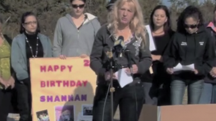 Gone Girls: The Long Island Serial Killer TV show screenshot 2: Mari Gilbert heads outdoor press event on missing Shannan Gilbert's birthday