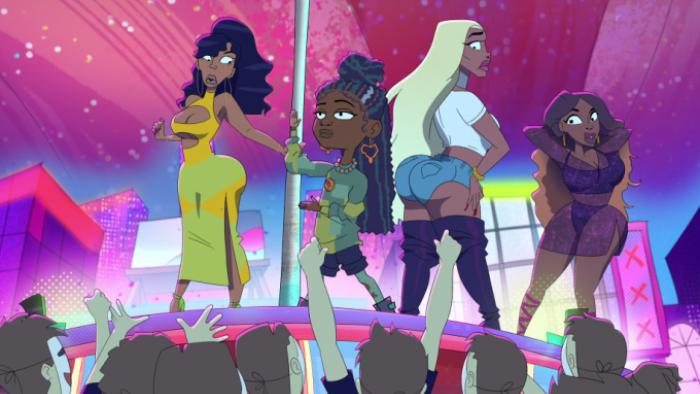 Good Times TV show screenshot 1: Four women stand on a stage behind a stripper's pole