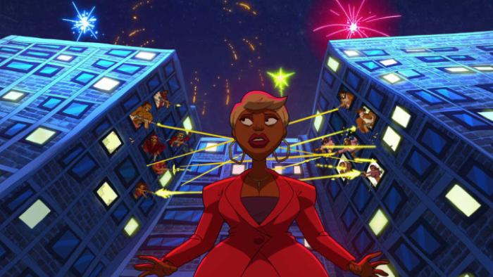 Good Times TV show screenshot 3: Beverly is shown in front of city apartments with people in the windows