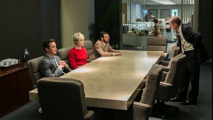 Halt and Catch Fire TV Show: Joe, Cameron, and Gordon sit at a conference table across from Bosworth, who's standing