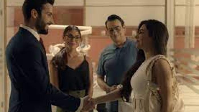 Hard Broken TV show screenshot: A man and woman smile and shake hands as their two friends look on.