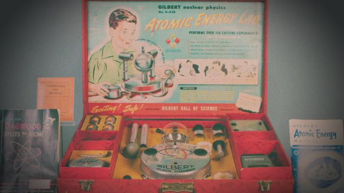 Hazardous History with Henry Winkler TV show screenshot: A red 1950s style toy sits in an otherwise bleak and colorless room.
