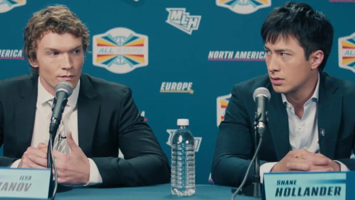 Heated Rivalry TV show screenshot: Shane and Ilya face the media