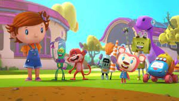 3D animated red-headed girl and animals in colorful landscape