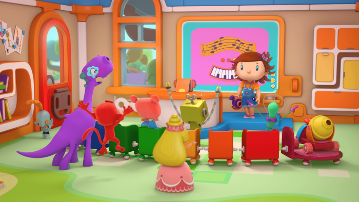3D animated red-headed girl inside a music room with colorful animals and aliens