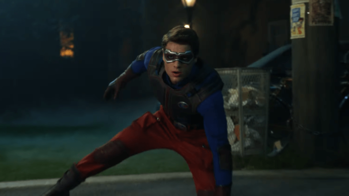 Henry Danger The Movie TV special screenshot 1: Henry, dressed as Kid Danger, prepares to attack in an empty street at nighttime.