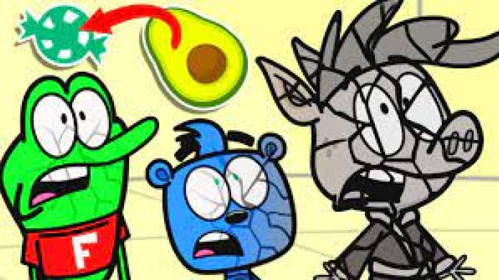 HobbyKids Adventures: Close up of the three hobbykids looking scared with cracked faces and thoughts of an avocado pointing to a piece of candy. HobbyPig is in black and white.