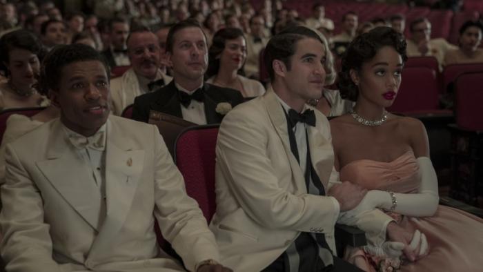 Hollywood TV Show: Archie Coleman (Jeremy Pope), Raymond Ainsley (Darren Criss) and Camille Washington (Laura Harrier) in an Awards Ceremony scene.