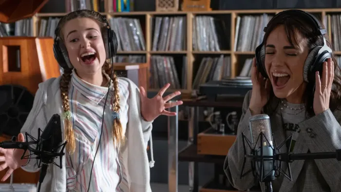 Home Sweet Rome TV show screenshot 3: Lucy and her stepmom pop star Francesca at a recording studio singing together