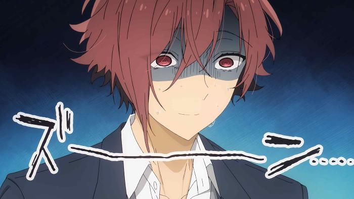 Horimiya: The Missing Pieces: Close-up of Akane against a dark background. He sweats and looks scared. "Terror" written in Japanese appears on screen.