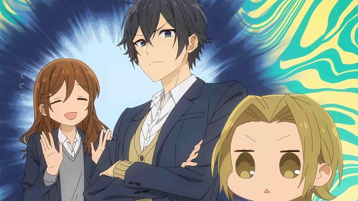 Horimiya: The Missing Pieces: Yuki imagines Kyoko and Izumi with opposite personalities. Her thought bubble shows a stern Izumi and anxious Kyoko.