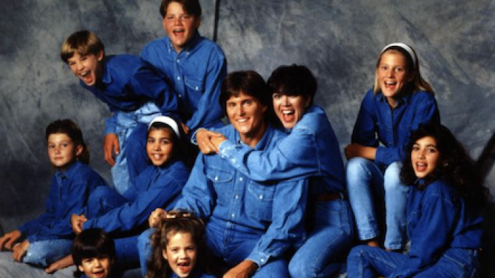 House of Kardashian TV show screenshot 1:  Bruce and Kris Jenner surrouned by their children all in denim. 