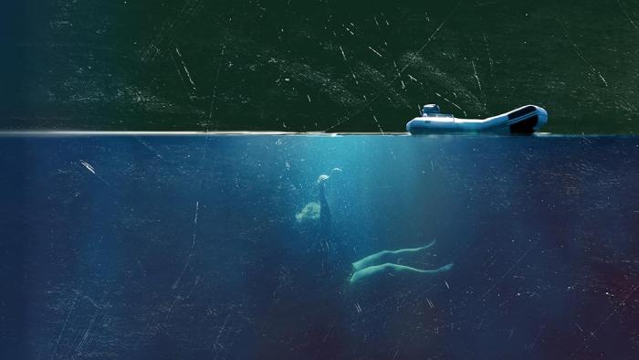 In Cold Water: The Shelter Bay Mystery: A woman is falling to the bottom of deep water from a boat.