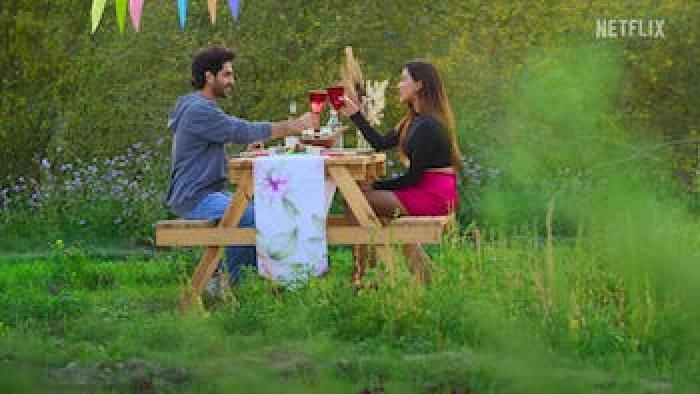 A South Asian man and woman sit at a picnic table in a grassy field, sharing a meal and toasting each other with red glasses.