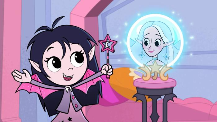 Isadora Moon TV show screenshot 3: Isadora points her magic want at a crystal ball she uses to communicate with her aunt, the Fairy of Ice and Snow.