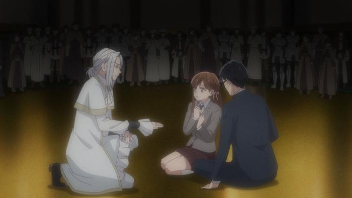 Isekai Office Worker TV show screenshot 2: Someone in white robes extends a hand to Seiichirou and Yua, in modern clothes. A shadowy crowd watches.