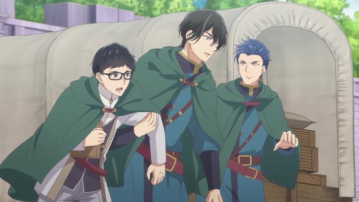 Isekai Office Worker TV show screenshot 5: Aresh pulls Seiichirou along by the elbow while talking to a colleague. They prepare to leave by caravan.