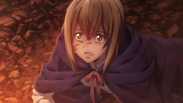 Ishura: Yuno, with blood splatter on her face, kneels on the ground in fear