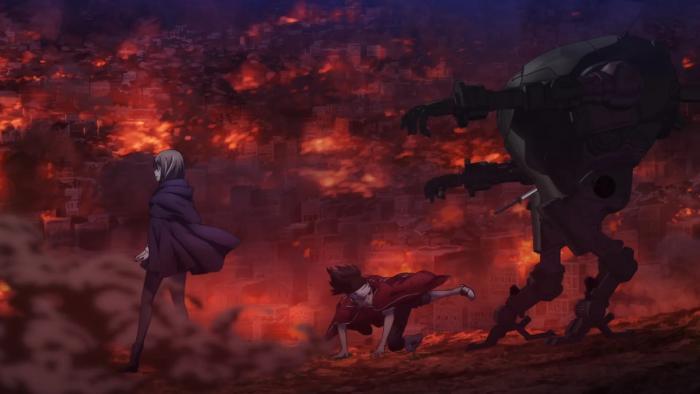 Ishura: Yuna stands in shock as Sojiro kicks a robot behind her
