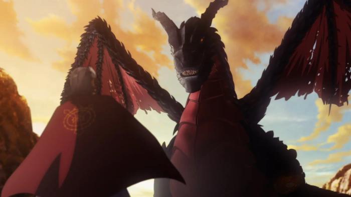 Ishura: A large dragon towers menacingly over an older warrior