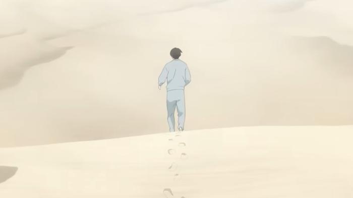 Journal with Witch TV show screenshot 1: Asa Takumi wears a grey sweat suit while she walks through the desert