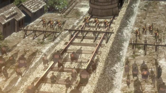 Kabaneri of the Iron Fortress: The Battle of Unato: Soldiers defend the train as kabane approach the barricade.