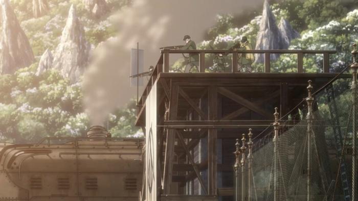 Kabaneri of the Iron Fortress: The Battle of Unato: Soldiers atop a lookout aim guns at an off-screen army.