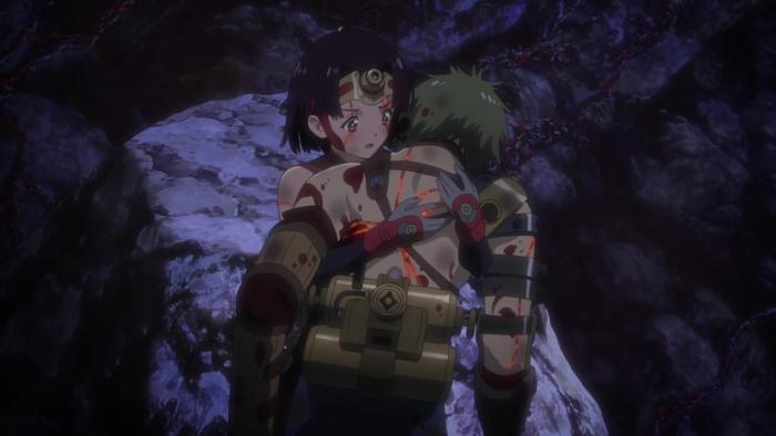 Kabaneri of the Iron Fortress: The Battle of Unato: Mumei embraces a bloodied Ikoma, holding him up from collapsing.