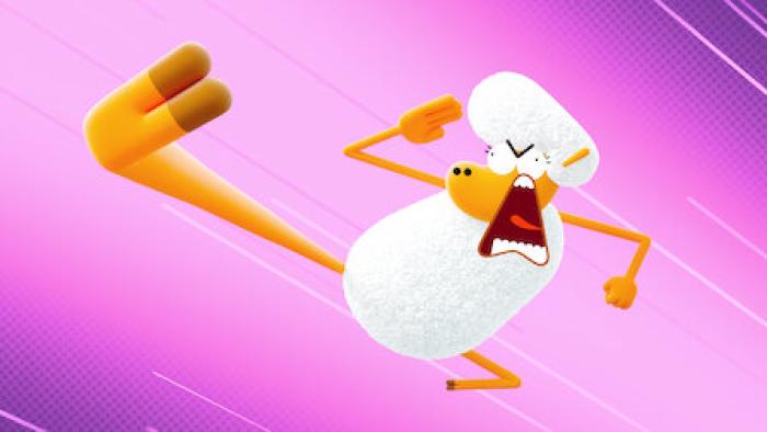 Karate Sheep TV Show: a cartoon sheep flies through the air in a martial arts pose