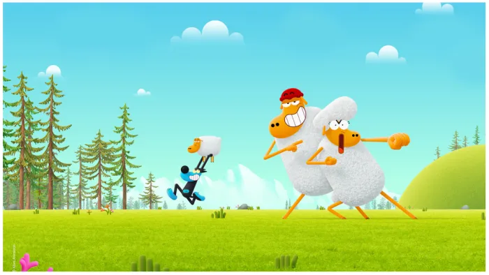 Karate Sheep TV Show: one cartoon sheep stands in a martial arts pose, one makes a funny face, and in the background a cartoon wolf is running away holding a cartoon sheep