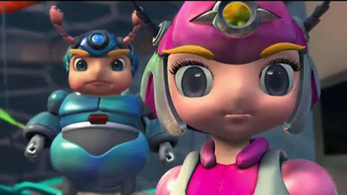 Kibaoh Klashers TV show screenshot 3: Brother-and-sister beetles Ollie and Hailey look directly at the viewer, Ollie clad in blue clothing and Hailey in pink
