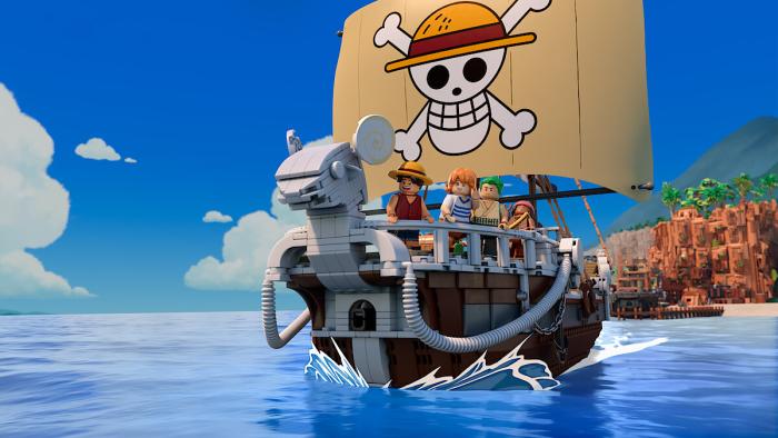 Lego One Piece: Captain Luffy and the crew aboard the Going Merry pirate ship
