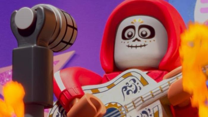 LEGO Pixar Bricktoons TV Show Poster Image: a LEGO Hector from Coco plays guitar