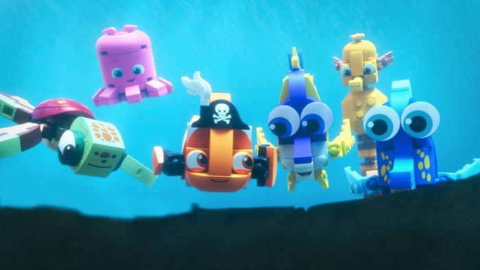 LEGO Pixar Bricktoons TV Show Poster Image: LEGO versions of Finding Nemo characters swim underwater