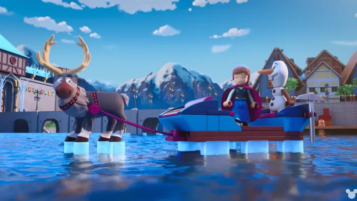 Lego Disney Frozen Operation Puffins TV: Sven pulls a sleigh carrying Anna and Olaf floating on a river in front of the Arendelle castle.